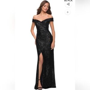 Off the Shoulder Rouched Black Sequin Evening Gown with Slit - La Femme Size 2